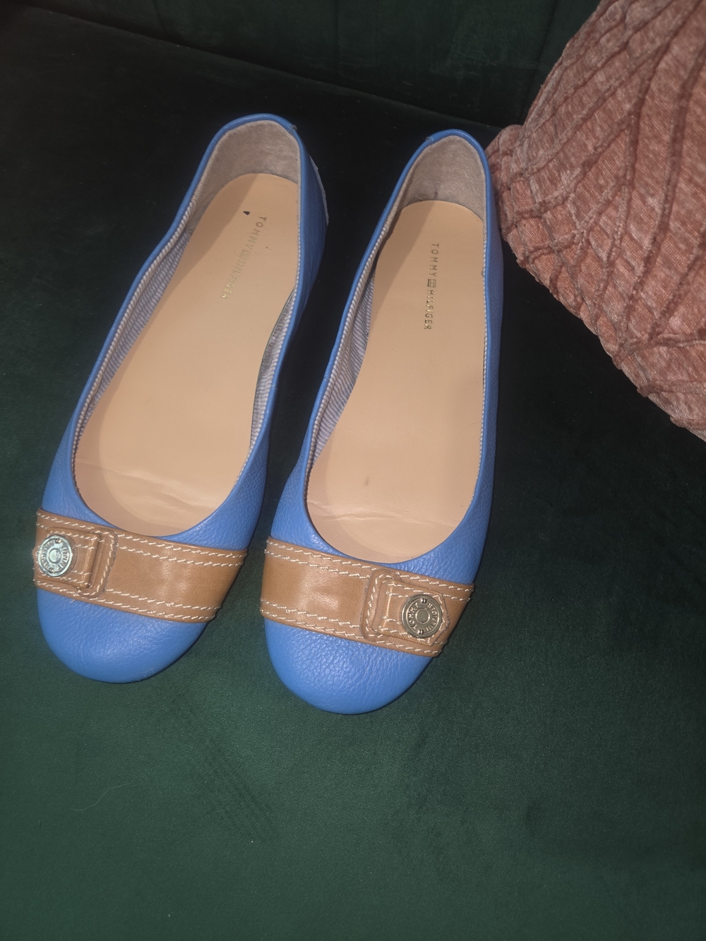 Tommy Hilfiger Blue Leather Ballet Flats with Tan Accent